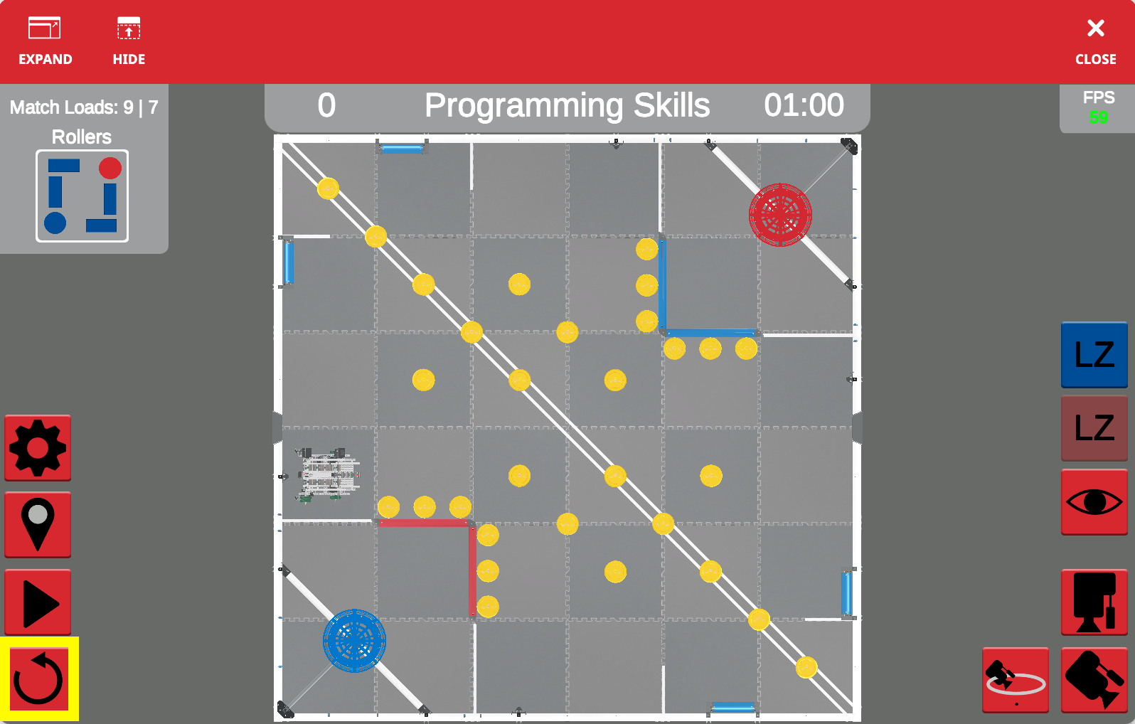 Captura de pantalla de la interfaz VEXcode VR que muestra el entorno de codificación basado en bloques, diseñado para programar un robot virtual, parte de los recursos educativos de VRC Spin Up (2022-2023) para enseñar conceptos de codificación y robótica.