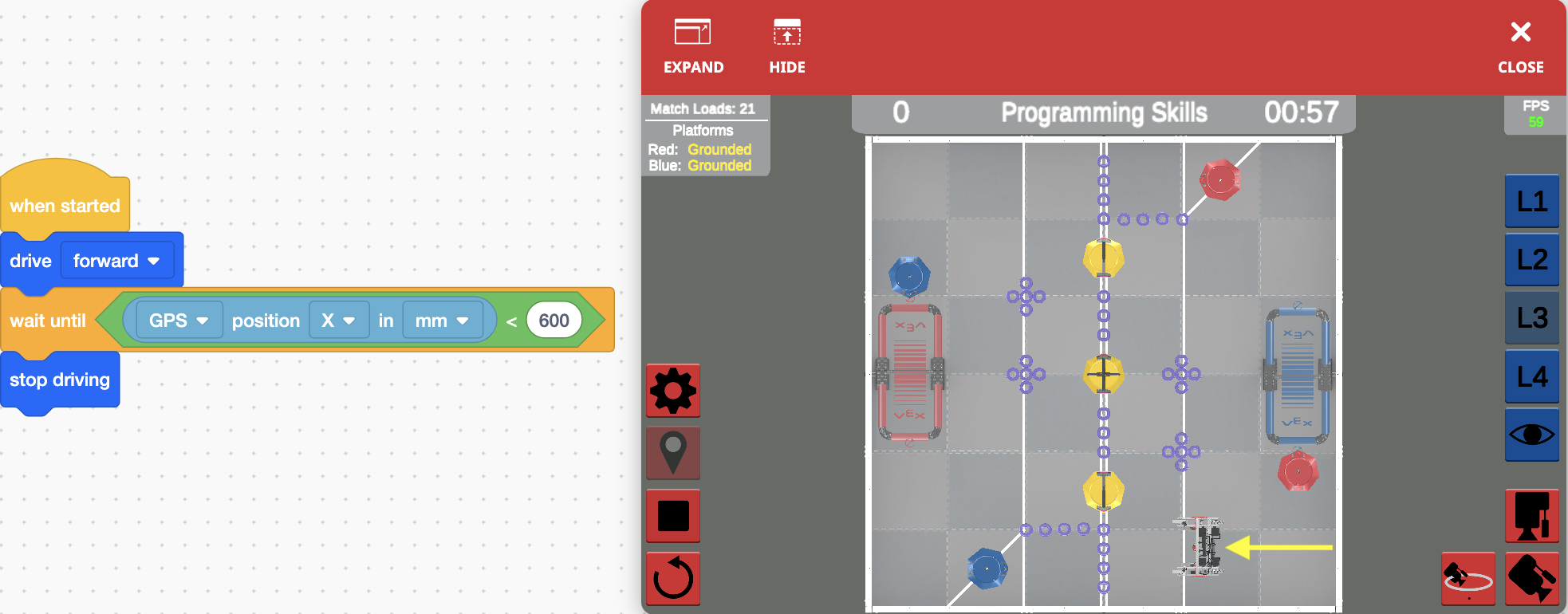 VEXcode VR ইন্টারফেসের স্ক্রিনশট VRC টিপিং পয়েন্ট চ্যালেঞ্জের জন্য প্রোগ্রামিং পরিবেশ প্রদর্শন করে, ব্যবহারকারীদের ভার্চুয়াল রোবোটিক্সের মাধ্যমে কোডিং ধারণাগুলি শিখতে ব্লক-ভিত্তিক এবং পাঠ্য-ভিত্তিক কোডিং বিকল্পগুলি সমন্বিত করে।