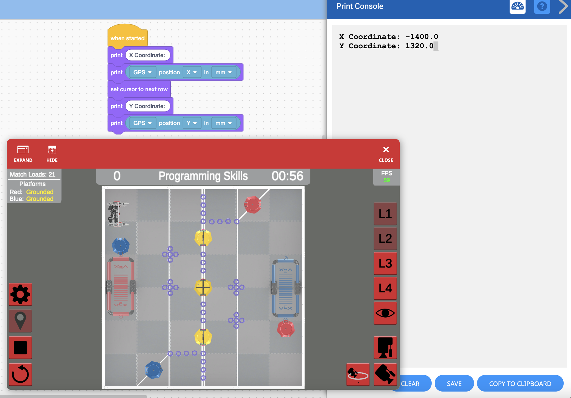 Diagrama que ilustra el diseño del campo de juego VRC Tipping Point para la temporada 2021-2022, mostrando zonas designadas, áreas de puntuación y puntos de interacción del robot, relevantes para los usuarios del entorno de programación VEXcode VR.
