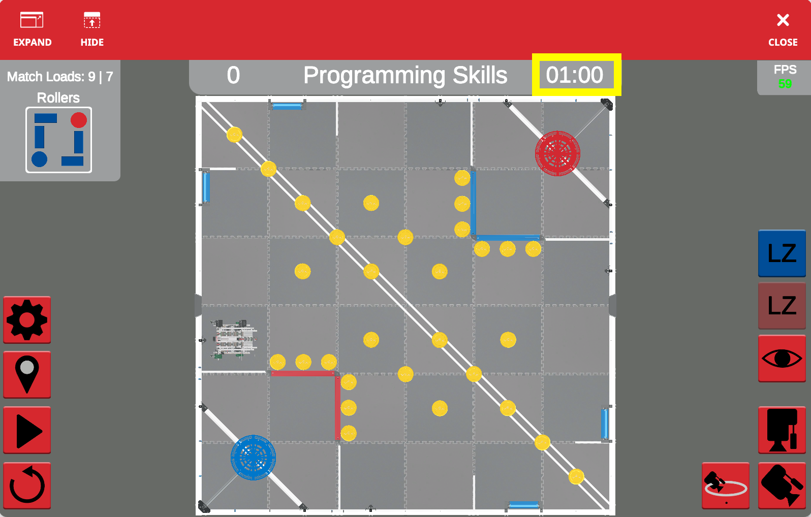 Screenshot dell'interfaccia VR di VEXcode che mostra l'ambiente di codifica basato su blocchi per la programmazione di un robot virtuale, progettato per scopi didattici in ambito STEM, in particolare nel contesto della competizione VRC Spin Up (2022-2023).