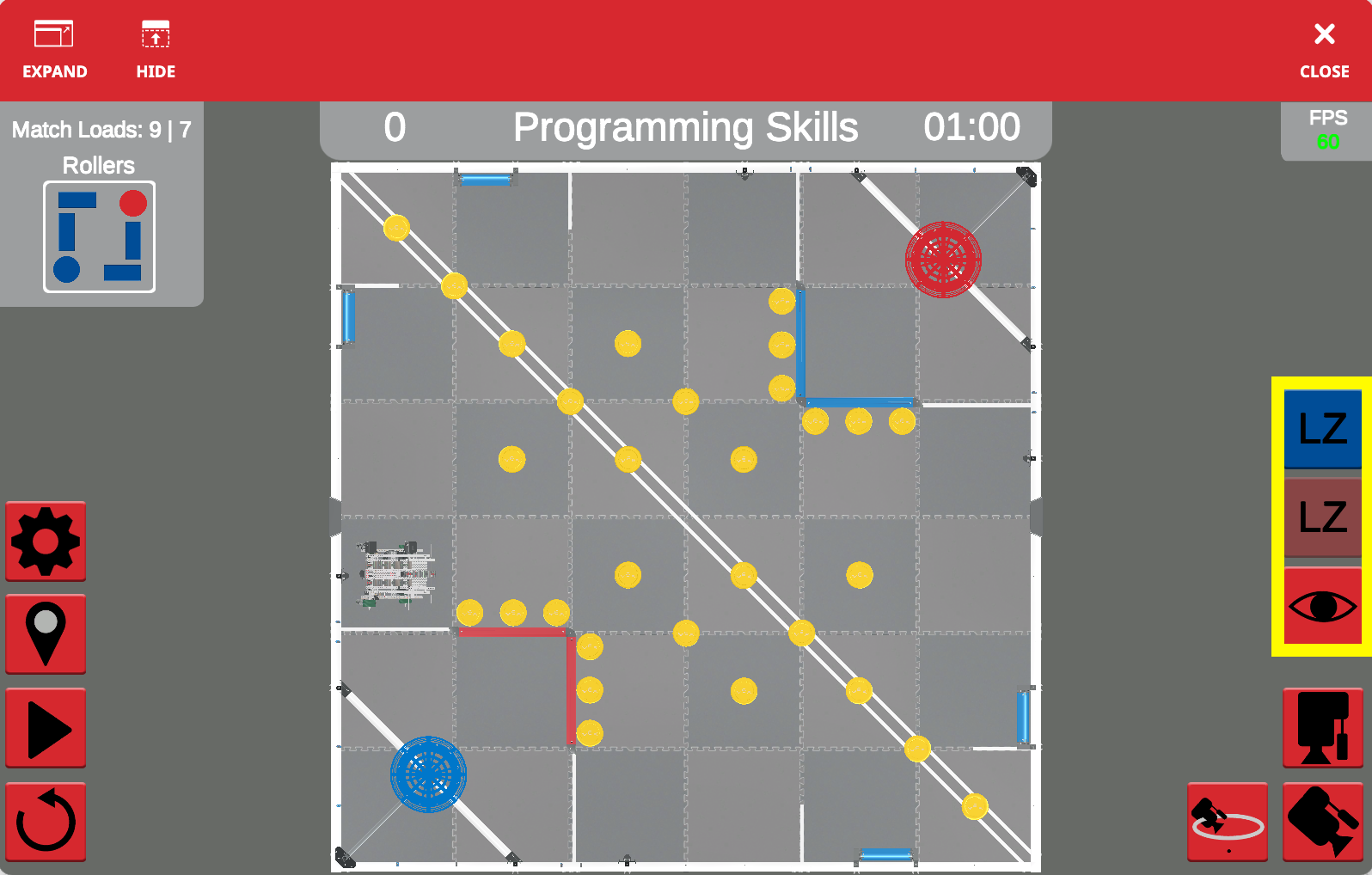 Captura de tela da interface VEXcode VR mostrando o ambiente de programação para VRC Spin Up (2022-2023), apresentando um layout de codificação baseado em blocos e ferramentas de simulação de robôs virtuais para uso educacional em aprendizagem STEM.