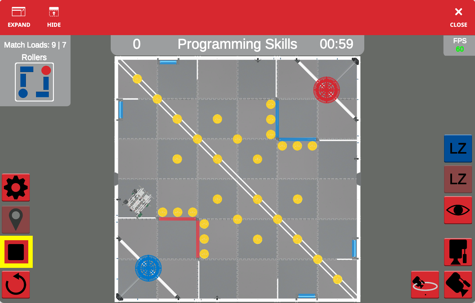 Captura de pantalla de la interfaz VEXcode VR que muestra el entorno de codificación basado en bloques diseñado para programar un robot virtual, destacando las características para principiantes y usuarios avanzados en el contexto de los objetivos educativos de VRC Spin Up (2022-2023).