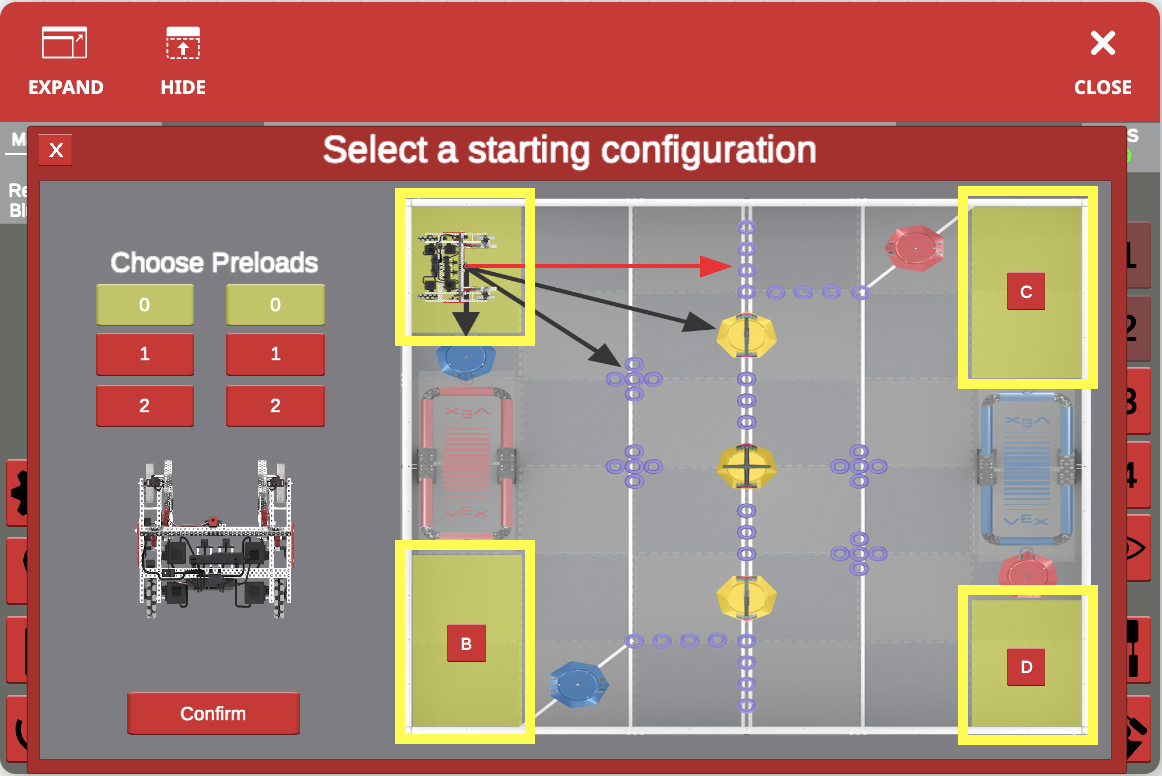 Image illustrant l'interface VR de VEXcode avec un robot virtuel, présentant des éléments de codage basés sur des blocs et un espace de travail de codage, pertinent pour le programme éducatif VRC Tipping Point (2021-2022) axé sur l'apprentissage STEM et les principes de la robotique.