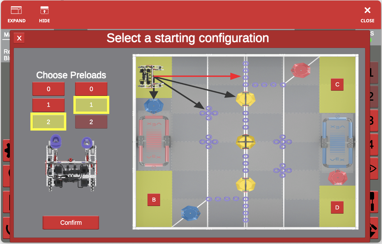 Diagramm, das den Spielfeldaufbau des VRC Tipping Point für die Saison 2021–2022 veranschaulicht und wichtige Zonen und Elemente hervorhebt, die für die VEXcode VR-Programmierung und Robotikwettbewerbe relevant sind.