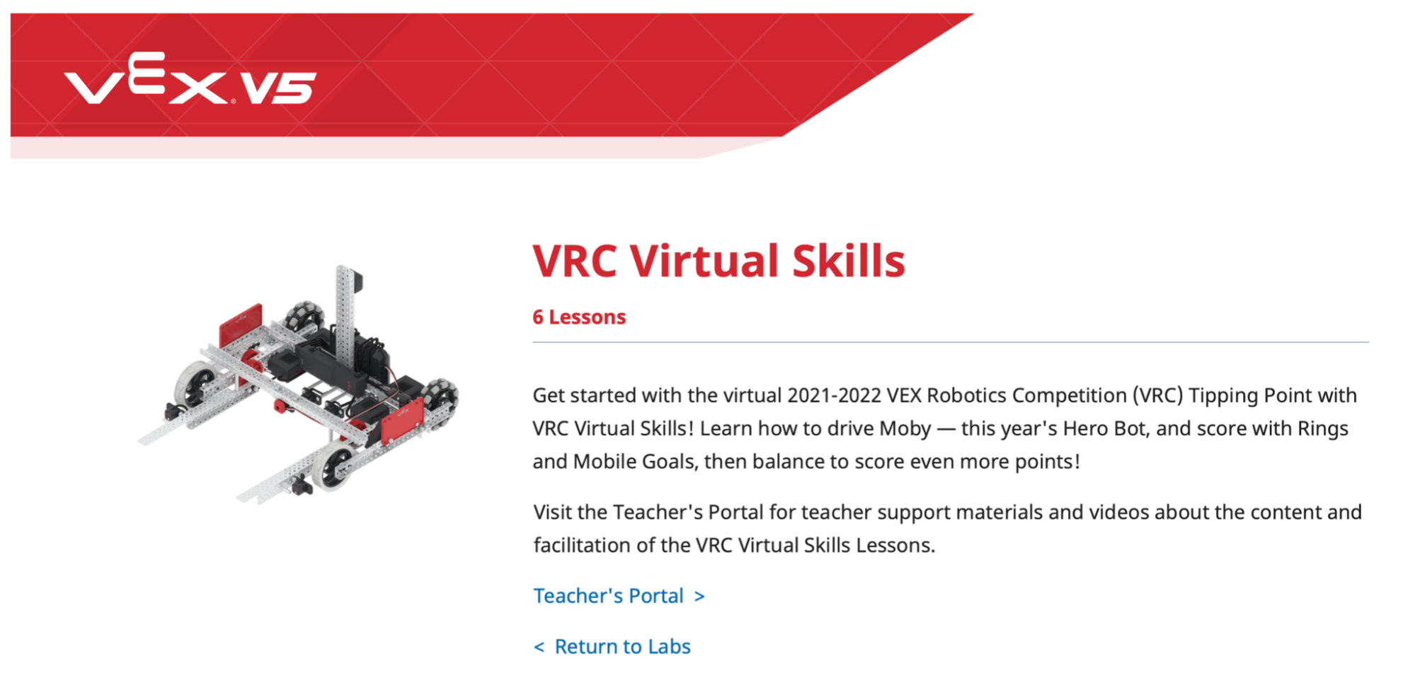 Tangkapan layar antarmuka pemrograman VEXcode VR yang menampilkan opsi pengkodean berbasis blok untuk tantangan VRC Tipping Point, yang dirancang untuk mempelajari konsep pengkodean dan prinsip robotika dalam lingkungan virtual.