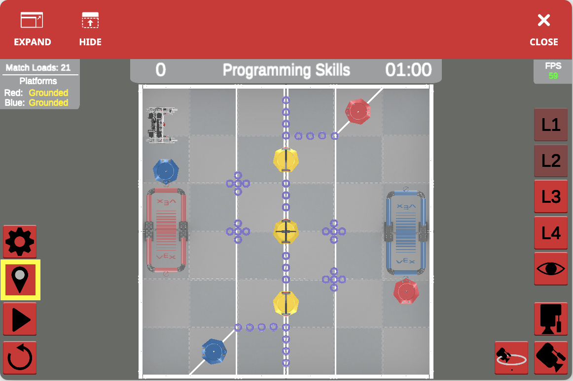 VEXcode VR sąsajos ekrano kopija, kurioje demonstruojami blokais pagrįsti kodavimo elementai ir virtualus robotas, sukurtas mokyti kodavimo sąvokas VRC Tipping Point konkurse (2021–2022 m.) STEM ugdymo srityje.