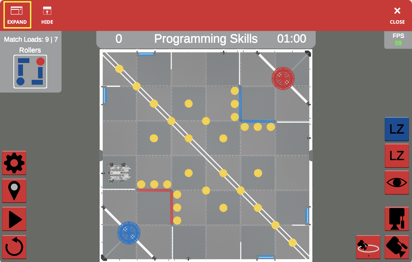 VEXcode VR saskarnes ekrānuzņēmums, kurā parādītas uz blokiem balstītas kodēšanas iespējas virtuālā robota programmēšanai, kas ir daļa no VRC Spin Up (2022–2023) izglītības resursiem, kuru mērķis ir mācīt kodēšanas un robotikas principus.