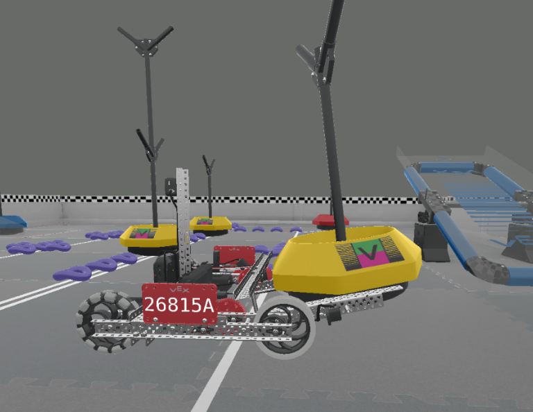 Diagram yang mengilustrasikan tata letak lapangan permainan VRC Tipping Point untuk musim 2021-2022, menunjukkan berbagai zona, area penilaian, dan elemen utama yang relevan dengan lingkungan pemrograman VEXcode VR untuk pendidikan robotika.