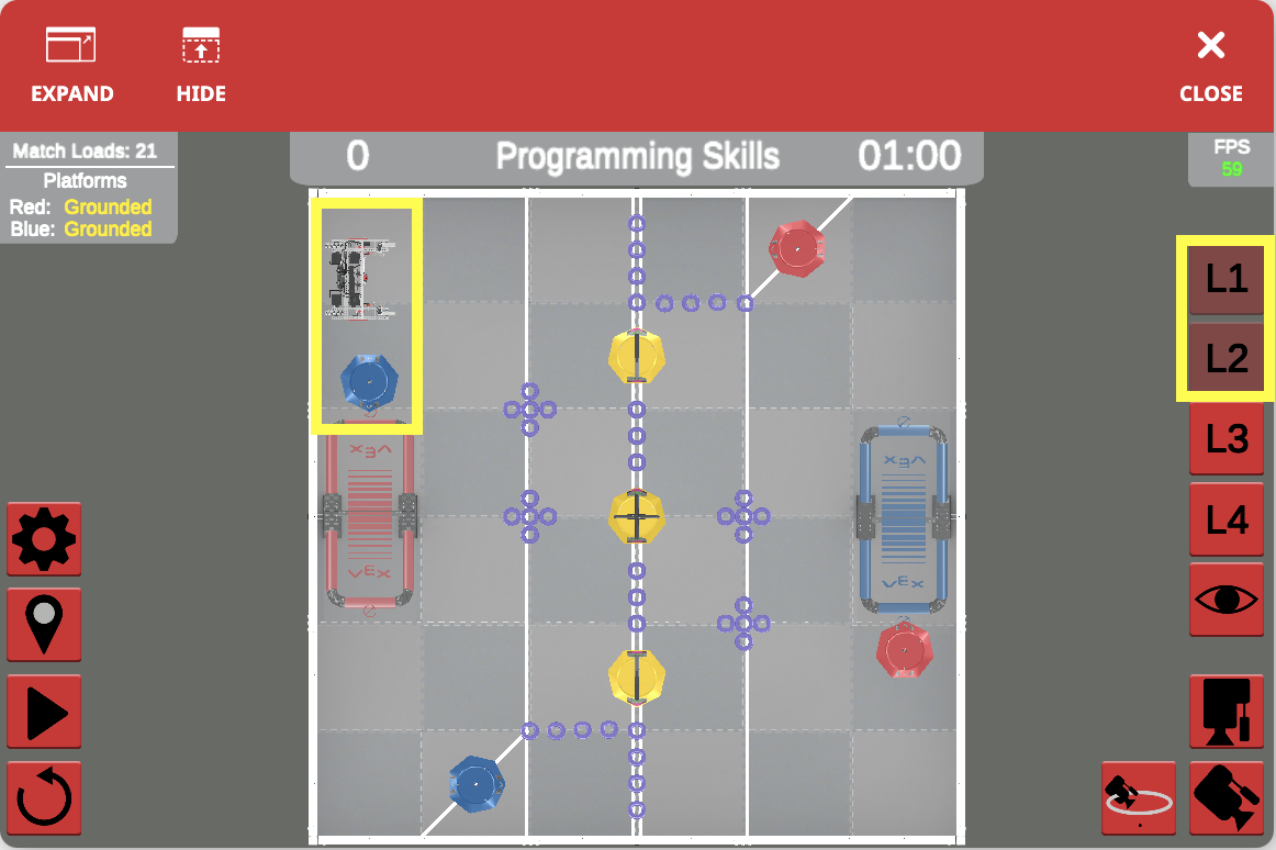 Capture d'écran de l'interface VEXcode VR présentant l'environnement de programmation pour le défi VRC Tipping Point, comprenant des éléments de codage basés sur des blocs et un robot virtuel, conçu pour enseigner les concepts de codage et les principes de la robotique.