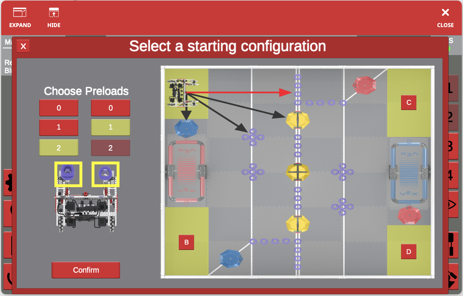 Captura de pantalla de la interfaz VEXcode VR que muestra bloques de codificación y un robot virtual, ilustrando el entorno de programación diseñado para aprender conceptos de codificación en el contexto de la competencia VRC Tipping Point (2021-2022).