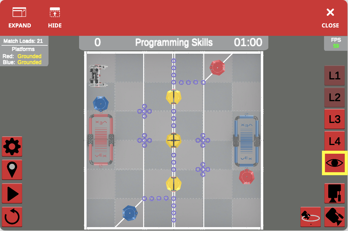 Capture d'écran de l'interface VEXcode VR présentant l'environnement de programmation pour le défi VRC Tipping Point (2021-2022), avec des options de codage par blocs permettant aux utilisateurs de créer et de tester du code pour un robot virtuel.