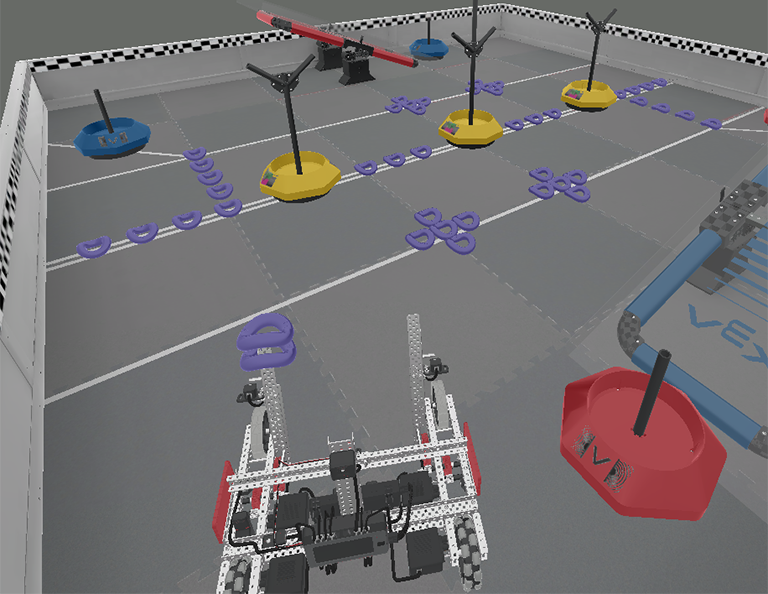 Eğitim ortamlarında kodlama kavramlarını ve robotik prensiplerini öğretmek için tasarlanan, blok tabanlı kodlama arayüzünü ve sanal robot özelliklerini sergileyen VEXcode VR platformunu gösteren diyagram.
