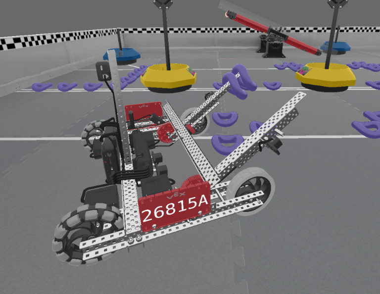 VEXcode VR programlama ve robotik yarışmaları için ilgili oyun elemanlarının ve bölgelerinin düzenlenmesini gösteren, 2021-2022 sezonu için VRC Tipping Point oyun alanı düzenini gösteren diyagram.