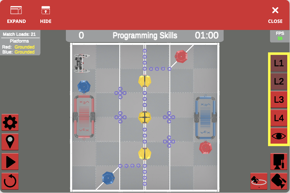 Diagrama, iliustruojanti VEXcode VR sąsają VRC Tipping Point (2021-2022) varžyboms, demonstruojanti blokų ir teksto kodavimo parinktis programuojant virtualų robotą imituotoje aplinkoje.