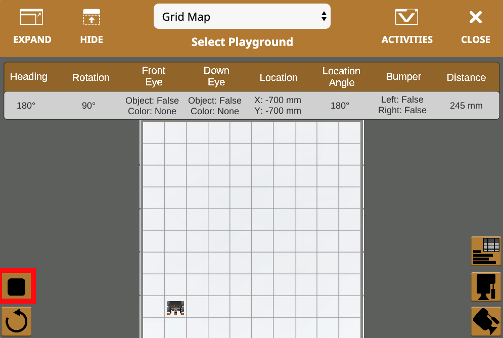 Icona del pulsante di arresto rosso per VEXcode VR, utilizzata nella guida del progetto per indicare l'arresto o la pausa delle azioni all'interno dell'ambiente di programmazione virtuale.