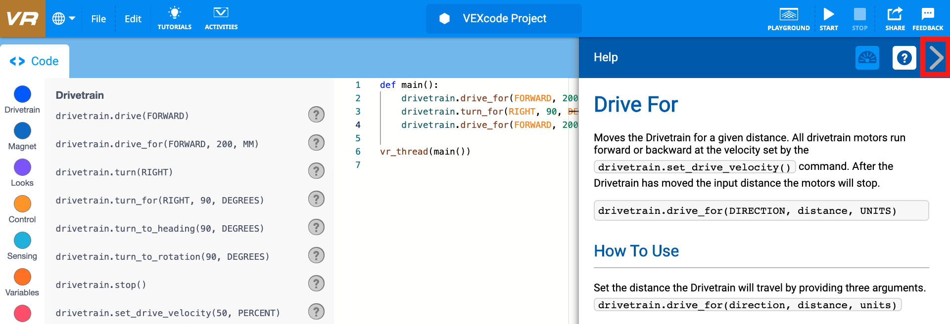 Schermafbeelding van de VEXcode VR-interface met de optie 'Drive sluiten voor hulp'. Dit illustreert een functie die gebruikers helpt bij het oplossen van problemen en het zoeken naar hulp tijdens het programmeren van een virtuele robot.