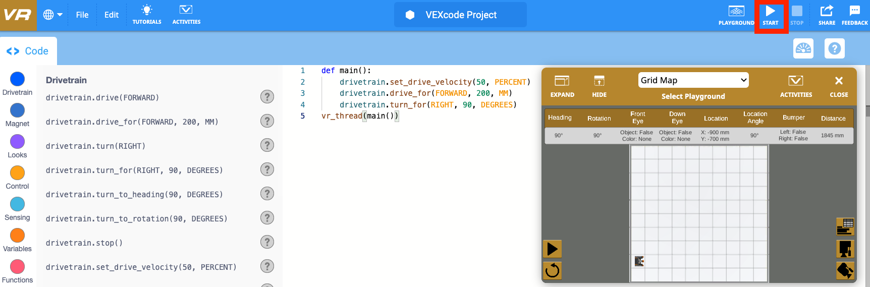 Schermata dell'interfaccia VEXcode VR che mostra l'opzione "Avvia un progetto", progettata per assistere gli utenti nell'avvio di attività di programmazione all'interno dell'ambiente del robot virtuale, parte della sezione della Guida al progetto.