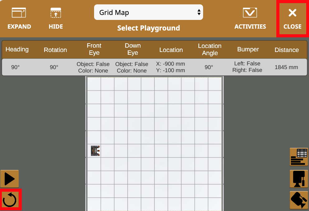 Icono del botón Cerrar y restablecer para la sección de ayuda del proyecto VEXcode VR, diseñado para ayudar a los usuarios a administrar sus proyectos de codificación dentro del entorno de programación virtual.