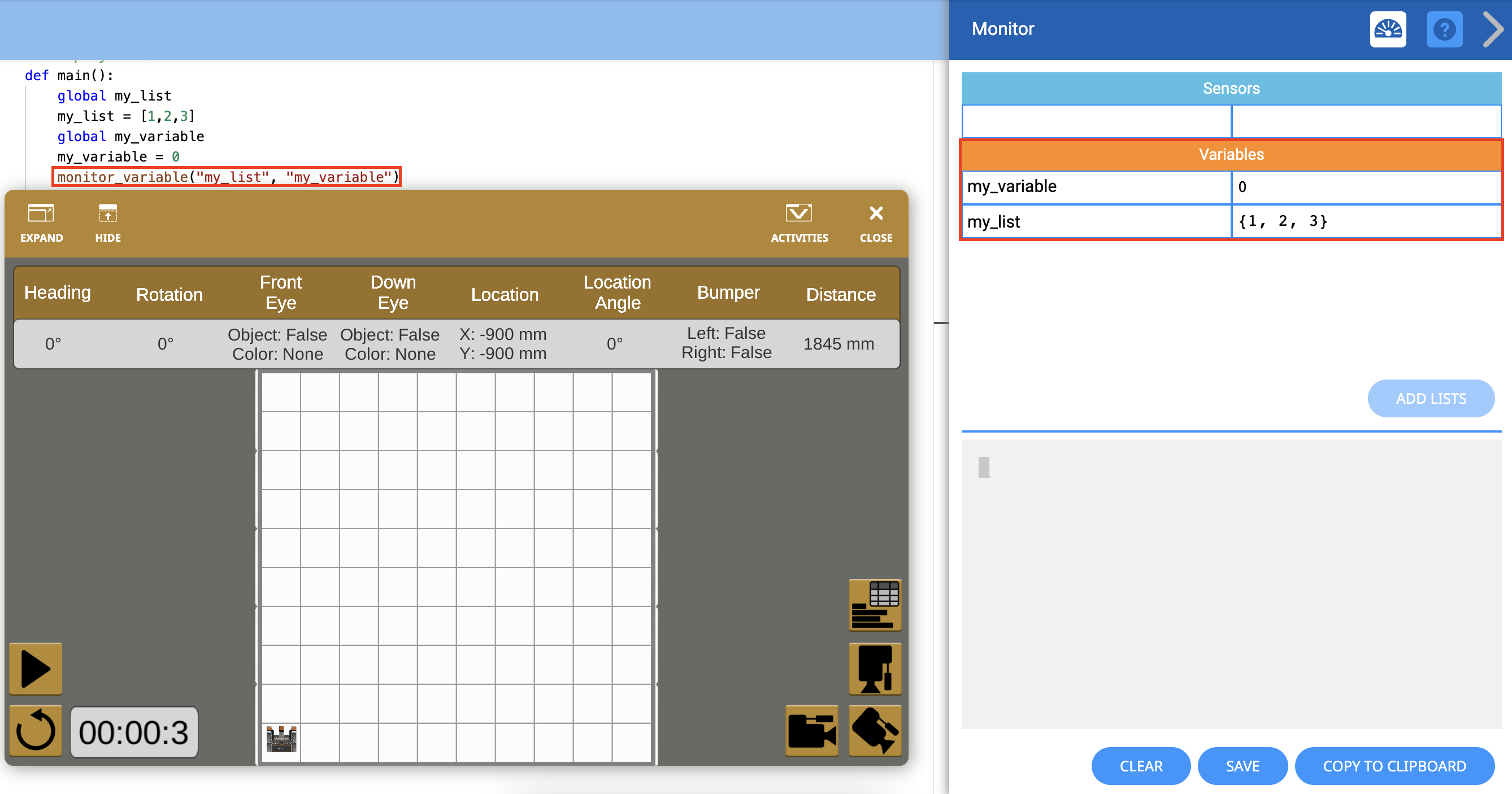 Captura de tela da interface do VEXcode VR mostrando opções de codificação baseadas em blocos e controles de robôs virtuais, ilustrando os recursos da plataforma para aprender conceitos de codificação em um ambiente simulado.