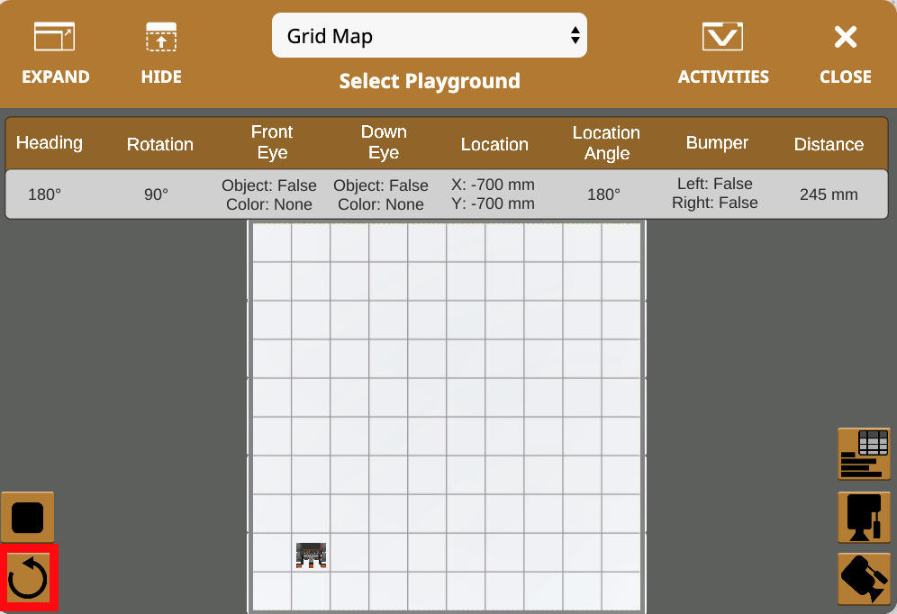 Illustratie van een stop- en resetknop in VEXcode VR, die de projecthulpfuncties voor codering en foutopsporing in de virtuele programmeeromgeving voorstelt.