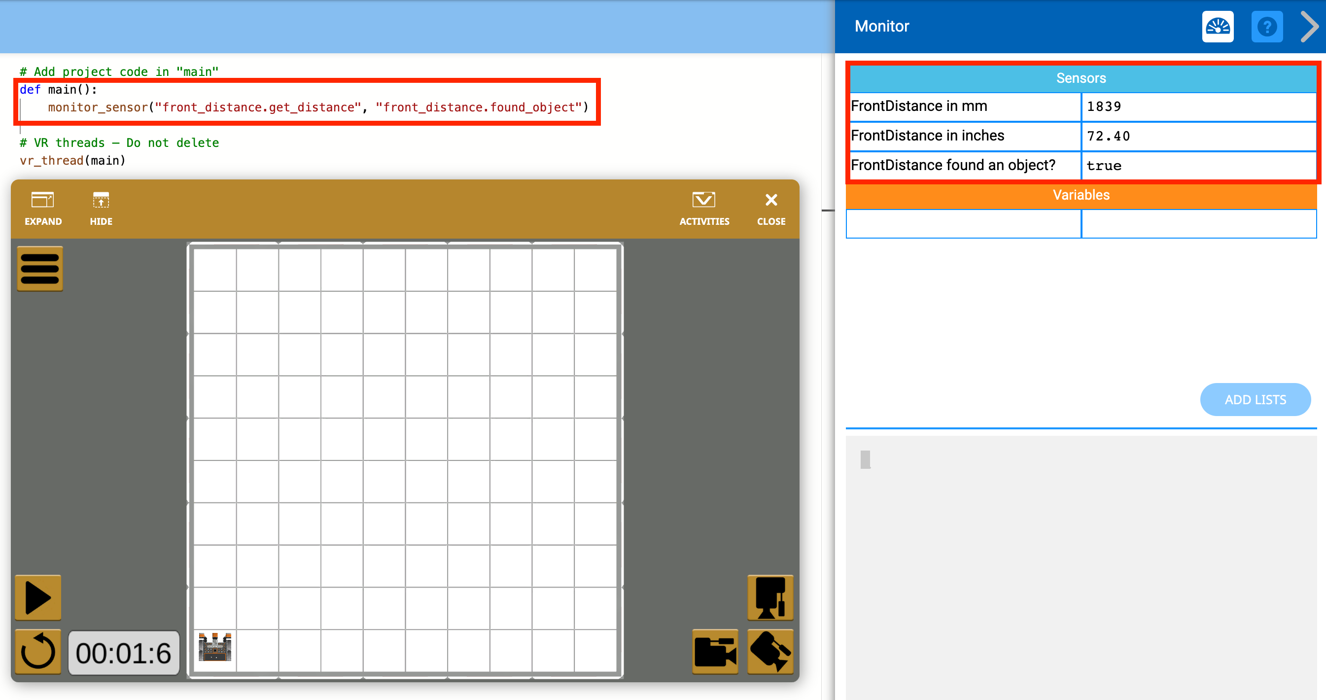 Captura de tela da interface VEXcode VR mostrando um ambiente de codificação baseado em blocos para programar um robô virtual, ilustrando recursos para iniciantes e usuários avançados em um contexto de educação STEM.