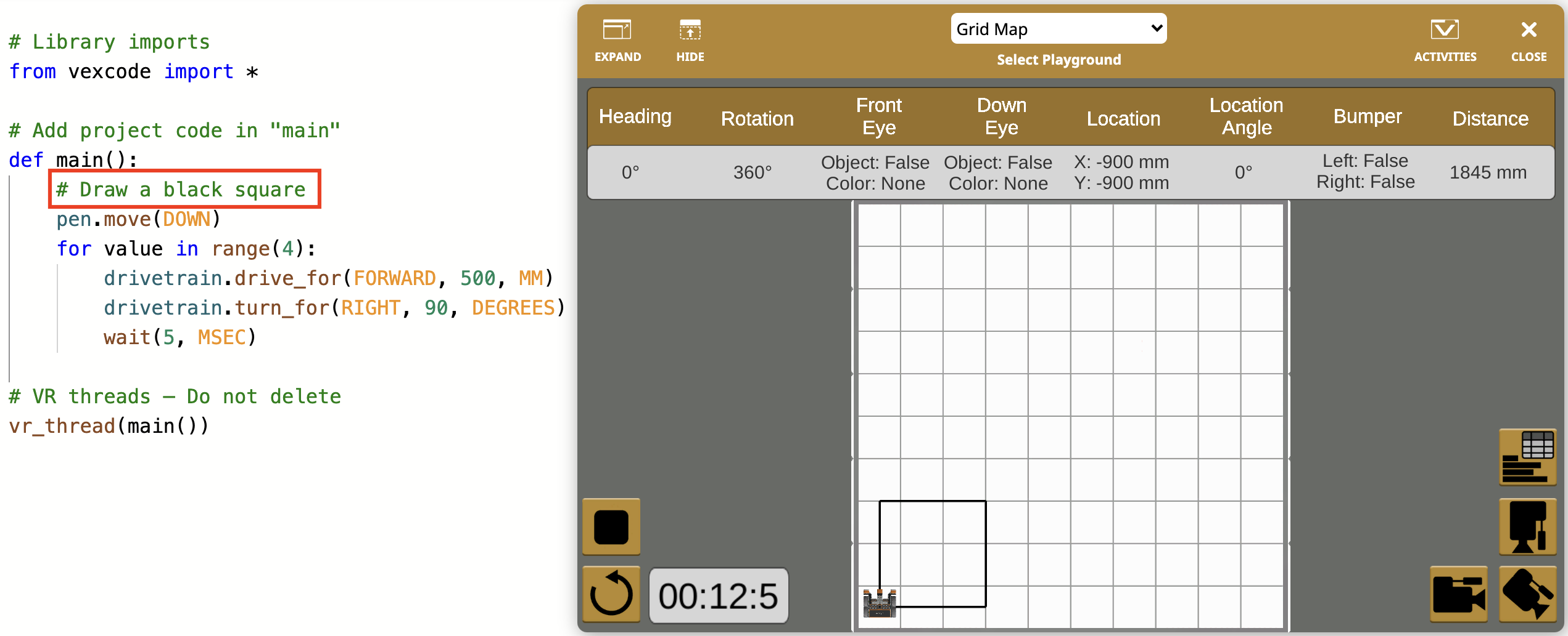 Screenshot van de VEXcode VR-interface met een op blokken gebaseerde codeerwerkruimte met een virtuele robot. Hiermee worden codeerconcepten voor beginners en gevorderde gebruikers geïllustreerd in een educatieve tutorialcontext.