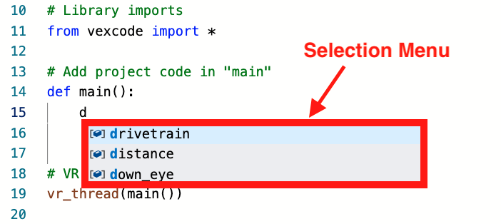 Screenshot van het selectiemenu in VEXcode VR, met opties voor codeerprojecten en tutorials binnen de online programmeeromgeving, ontworpen voor het leren van codeerconcepten via virtuele robotica.