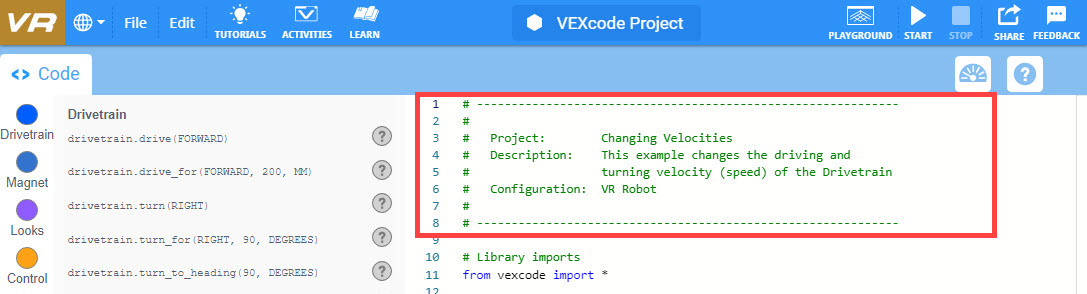 Знімок екрана інтерфейсу VEXcode VR, на якому показано середовище кодування на основі блоків для програмування віртуального робота, призначене для полегшення вивчення концепцій кодування та принципів робототехніки в освітньому середовищі.