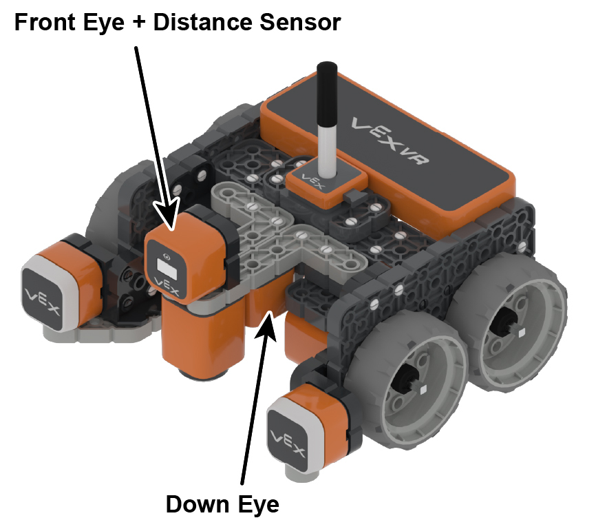 STEM 教育の学生と教育者向けのチュートリアルの一部として、仮想ロボットを通じてコーディングの概念を教えるために設計されたブロックベースのコーディング環境を紹介する VEXcode VR インターフェースのスクリーンショット。