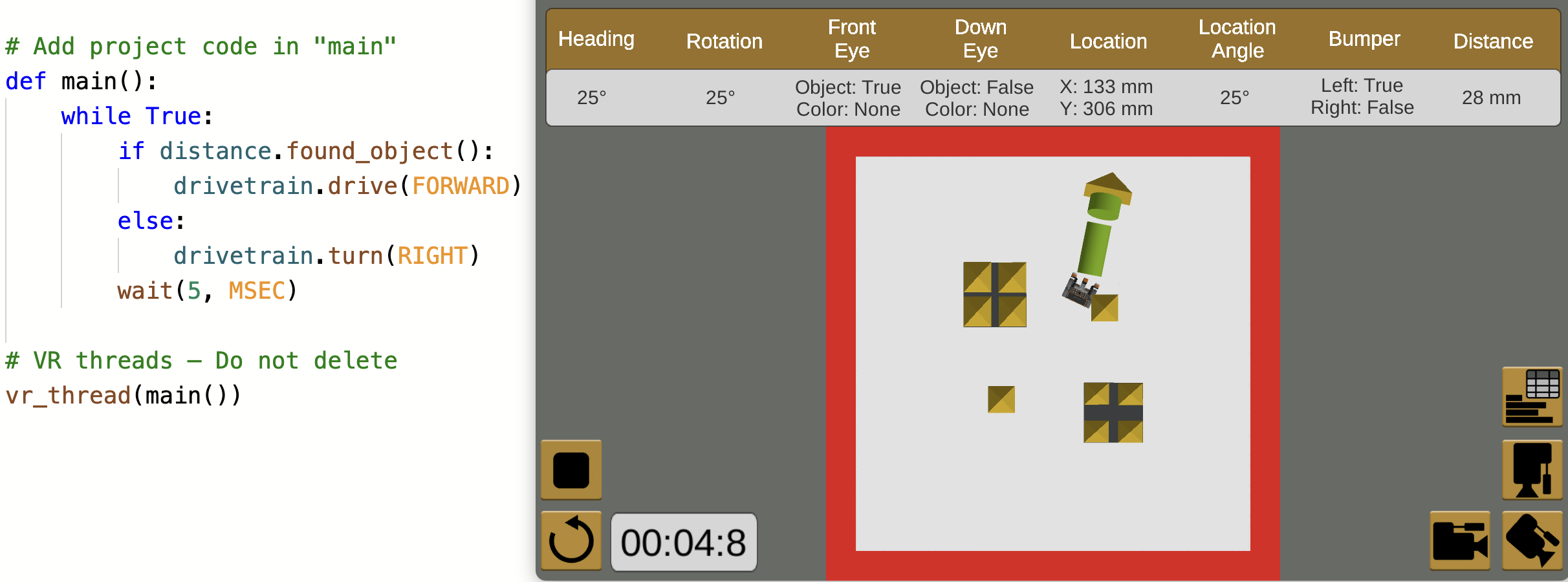 Captura de pantalla de la interfaz VEXcode VR que muestra un entorno de codificación basado en bloques para programar un robot virtual, diseñado para facilitar el aprendizaje de conceptos de codificación y principios de robótica en entornos educativos.