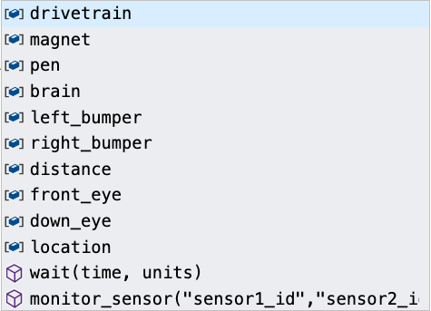 Capture d'écran de la liste des commandes VEXcode VR, affichant divers blocs de programmation et commandes disponibles pour les utilisateurs dans l'environnement de codage en ligne, conçu à des fins éducatives dans l'apprentissage STEM.