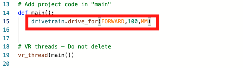 Schermafbeelding van een voltooide VEXcode VR-programmeeropdracht, waarin een op blokken gebaseerde coderingsinterface wordt getoond met verschillende coderingsblokken die zijn gerangschikt om een virtuele robot te besturen. Ter illustratie wordt de tutorial voor codering in de VEXcode VR-omgeving gegeven.