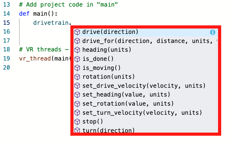 Captura de tela da interface do VEXcode VR mostrando o recurso do operador de ponto recém-adicionado em um ambiente de codificação baseado em blocos, projetado para ensinar conceitos de codificação por meio de robótica virtual.