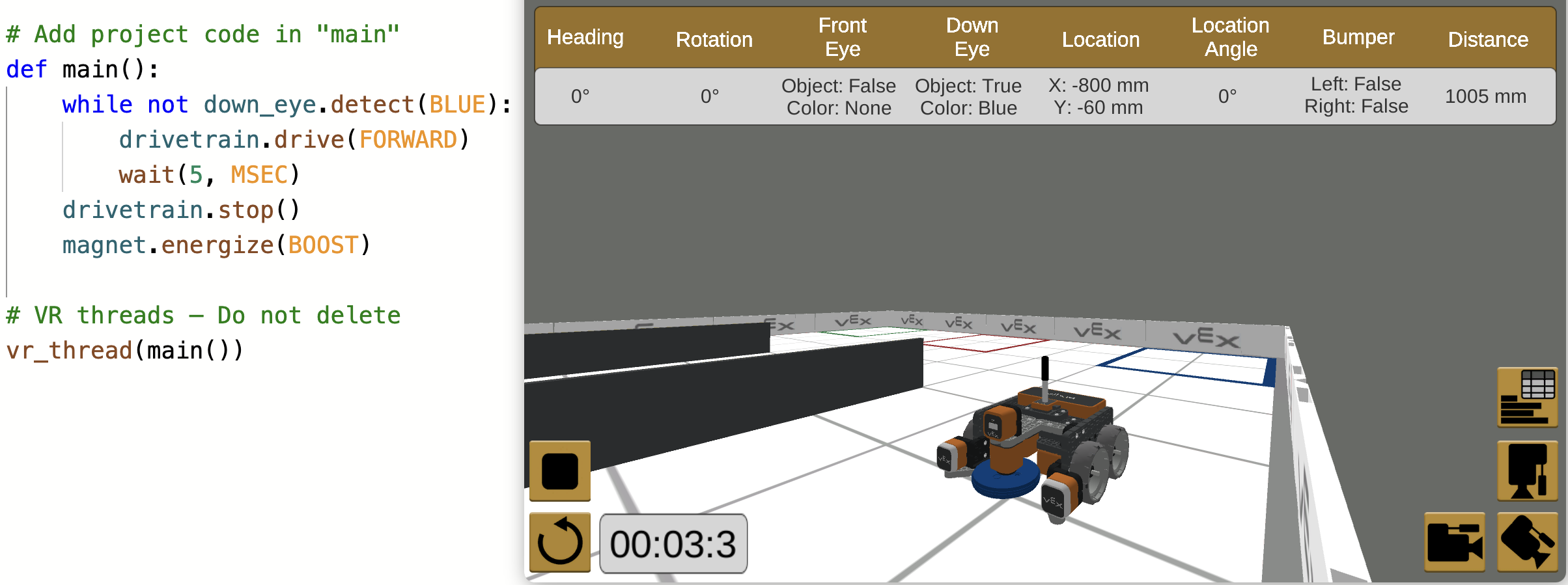 Screenshot der VEXcode VR-Tutorial-Schnittstelle, die die blockbasierte Codierungsumgebung zeigt, die zum Unterrichten von Codierungskonzepten durch einen virtuellen Roboter entwickelt wurde und darauf abzielt, die Fähigkeiten zur Problemlösung und zum rechnerischen Denken im MINT-Unterricht zu verbessern.
