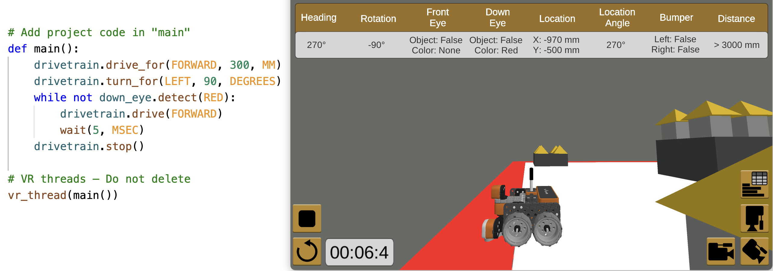 Tangkapan layar antarmuka VEXcode VR yang menunjukkan lingkungan pengkodean berbasis blok untuk pemrograman robot virtual, yang dirancang untuk tujuan pendidikan dalam STEM, menyoroti tutorial untuk konsep pengkodean dan prinsip robotika.