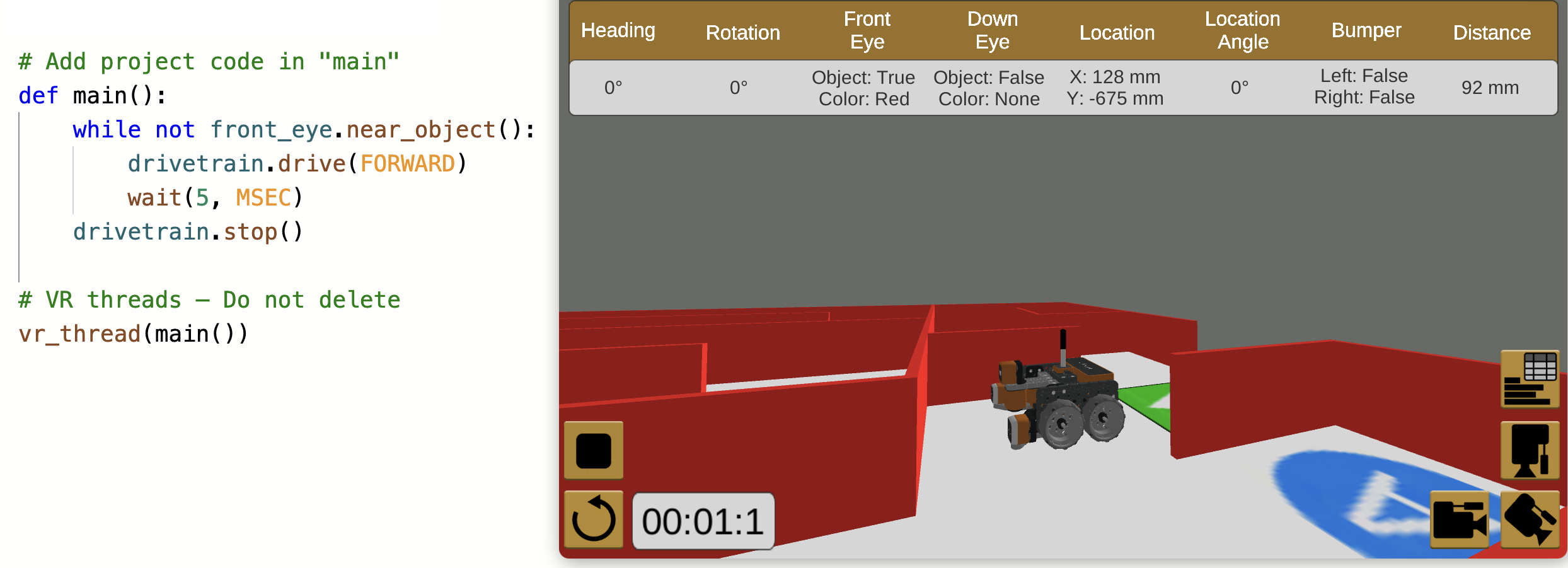 Schermafbeelding van de VEXcode VR-zelfstudie-interface, met blokgebaseerde coderingsopties en een virtuele robot, ontworpen om gebruikers te helpen coderingsconcepten en roboticaprincipes te leren in een educatieve omgeving.