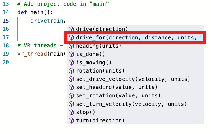 Screenshot dell'interfaccia VR VEXcode che mostra il blocco "Scegli comando", che illustra le opzioni di codifica basate su blocchi disponibili per programmare un robot virtuale nella sezione tutorial.