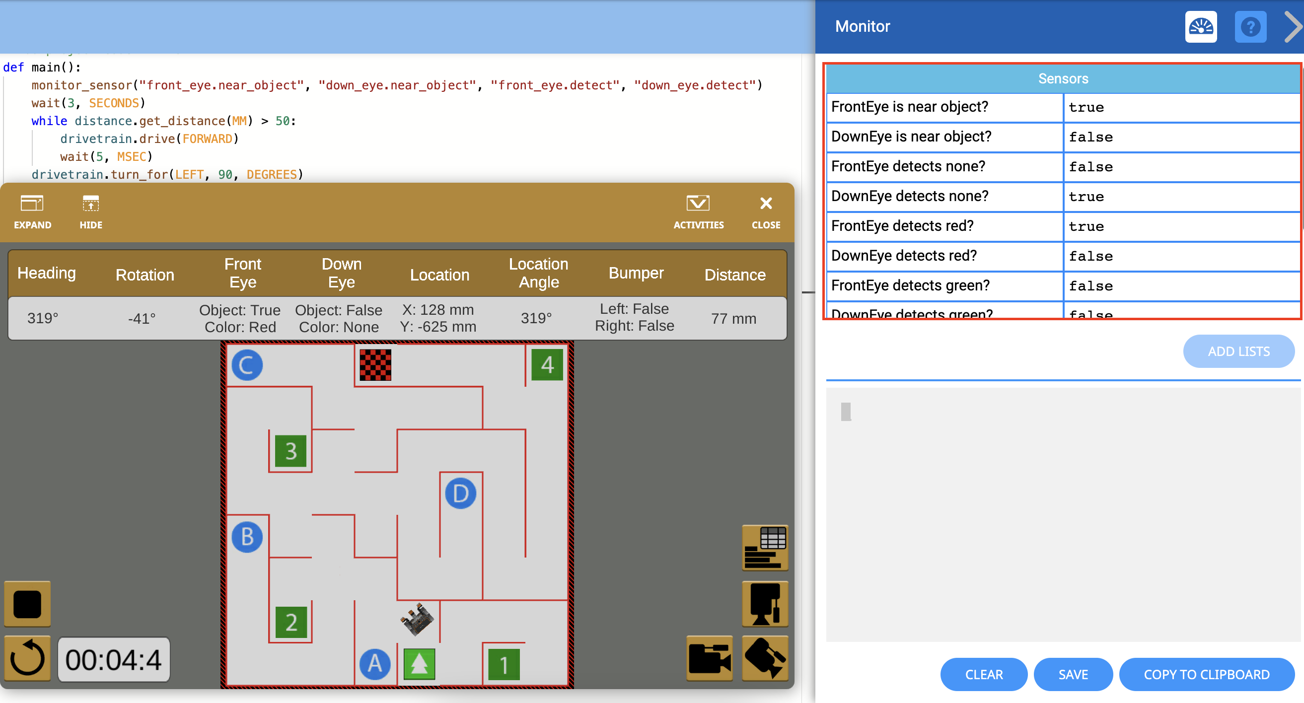 Capture d'écran de l'interface VEXcode VR montrant un environnement de codage basé sur des blocs pour la programmation d'un robot virtuel, conçu à des fins éducatives dans l'apprentissage STEM.