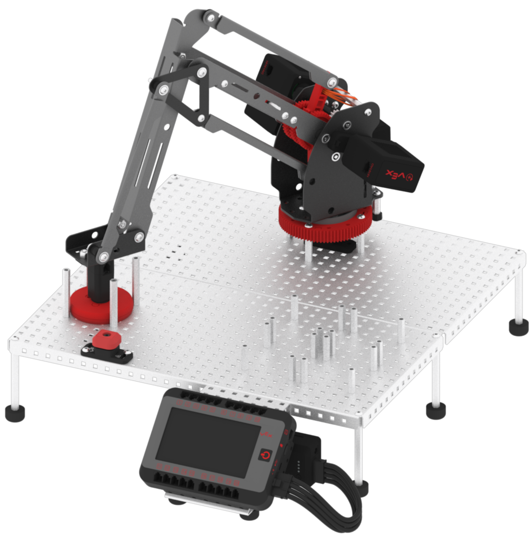 Sebuah elektromagnet yang diposisikan di atas cakram logam, menunjukkan proses pengaturan untuk V5 Workcell dalam konteks Pendidikan Karier dan Teknis.