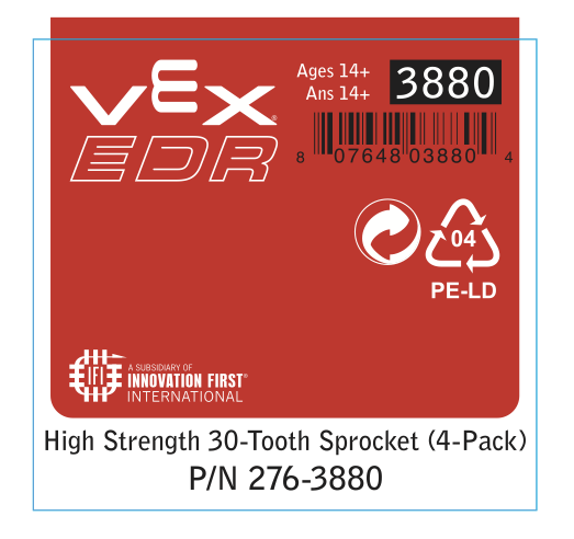 High Strength 30-Tooth Sprocket 4-pack for V5 Workcell Storage, used in CTE applications. Two packs required for Bin 3.