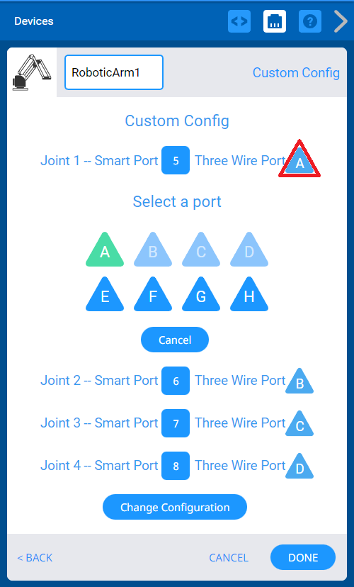 Diagram yang mengilustrasikan antarmuka pemrograman VEXcode dengan bagian berlabel untuk blok, ruang kerja, dan alat, relevan dengan Karier dan Pendidikan Teknis.