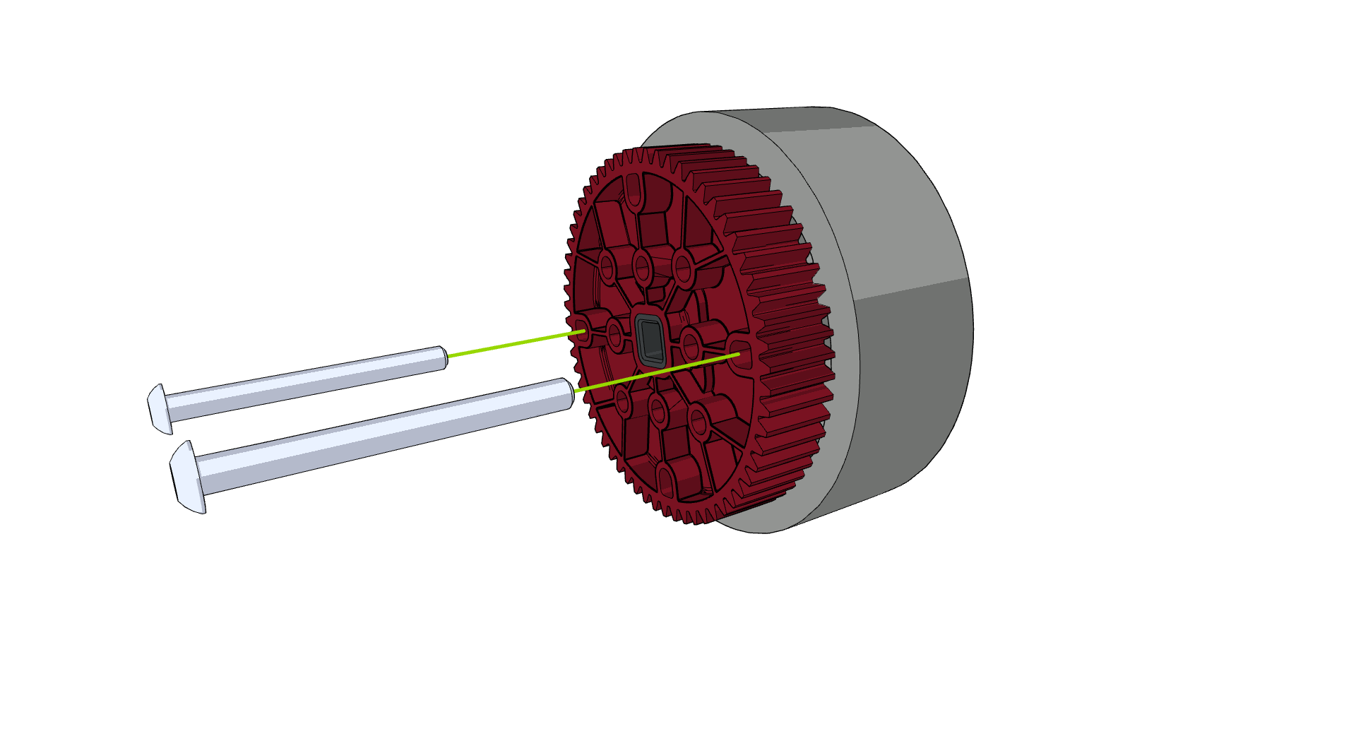 Obrázek znázorňující dva 1,75palcové šrouby vložené do otvorů ozubeného kola a Flex Wheel jako součást procesu montáže soutěžních robotů V5.