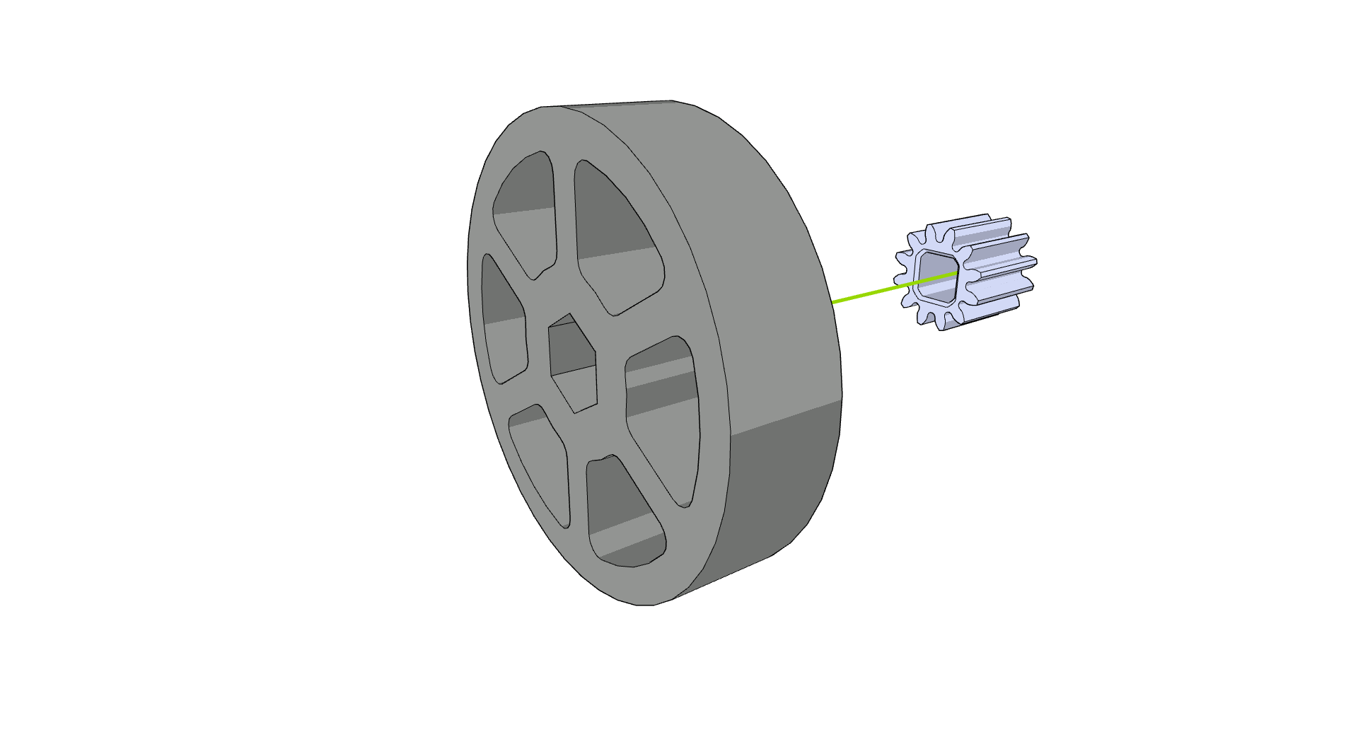 Afbeelding van de uitlijning van een 12T-tandwiel met een Flex Wheel, ter illustratie van stap 1 voor het monteren van wedstrijdrobots in de V5-categorie. Het rondsel wordt op een stevig oppervlak geplaatst, terwijl het Flex Wheel erboven wordt gehouden voor een eenvoudigere positionering.