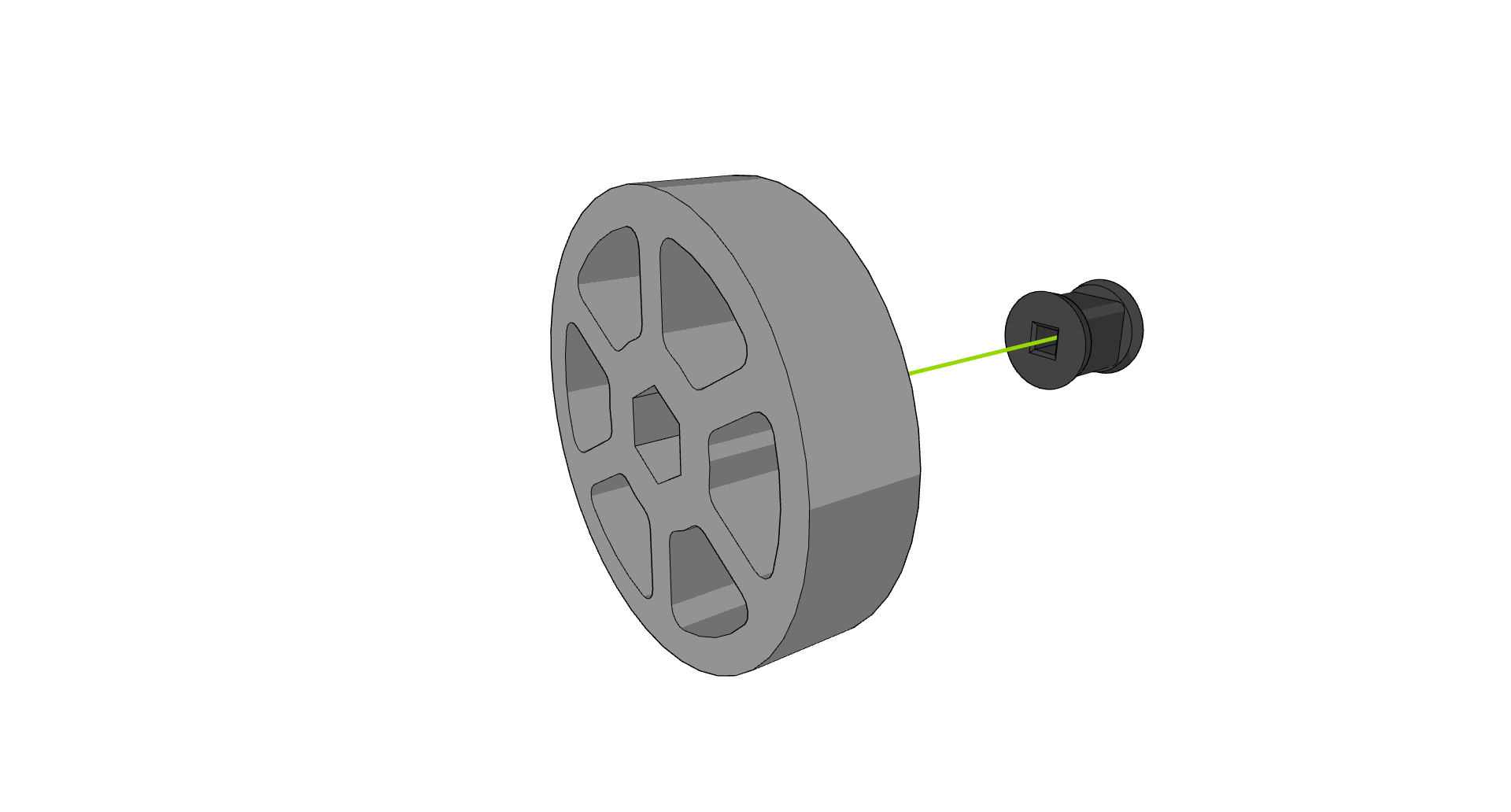Afbeelding van de uitlijning van een kunststof naaf en een Flex Wheel, waarbij de naaf op een stevig oppervlak is geplaatst en het Flex Wheel erboven wordt gehouden. Hiermee wordt stap 2 in het assemblageproces voor V5-wedstrijdrobots geïllustreerd.