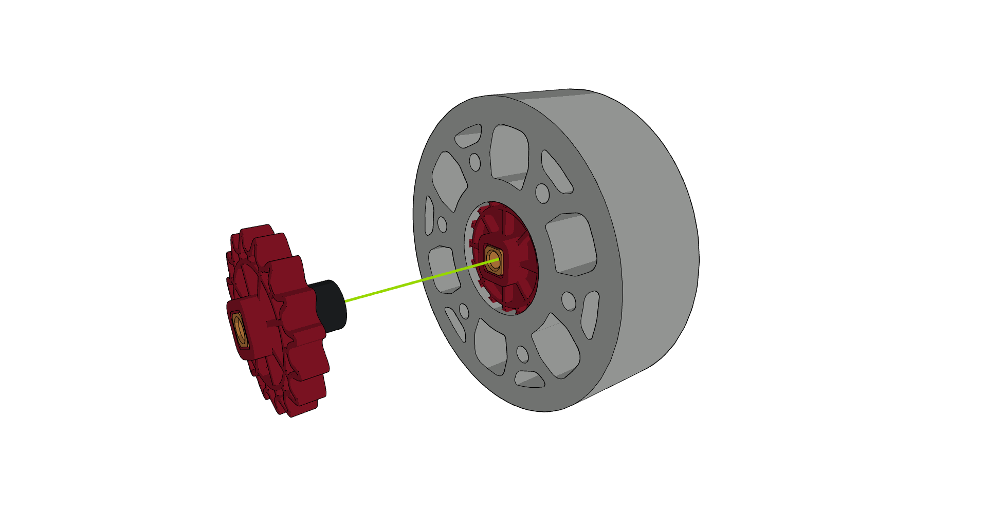 Imagem mostrando o espaçador de nylon de 0,25” de comprimento, a segunda roda dentada e o adaptador de eixo de alta resistência posicionados em um eixo, ilustrando a Etapa 3 da montagem de robôs de competição na categoria V5.