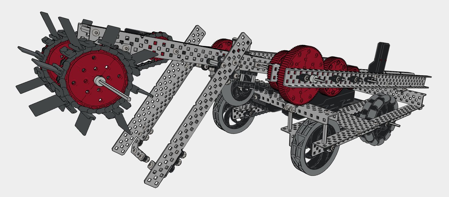 Diagramm, das die Komponenten und Funktionen eines V5-Wettkampfroboters, einschließlich Motoren, Sensoren und Strukturelementen, veranschaulicht und deren Anordnung und Funktionalität für die Wettkampfrobotik hervorhebt.