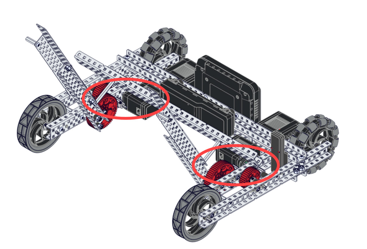 V5 varžybų roboto diagrama, kurioje pavaizduoti pagrindiniai komponentai ir struktūra, iliustruojantis robotikos varžyboms svarbius dizaino elementus.