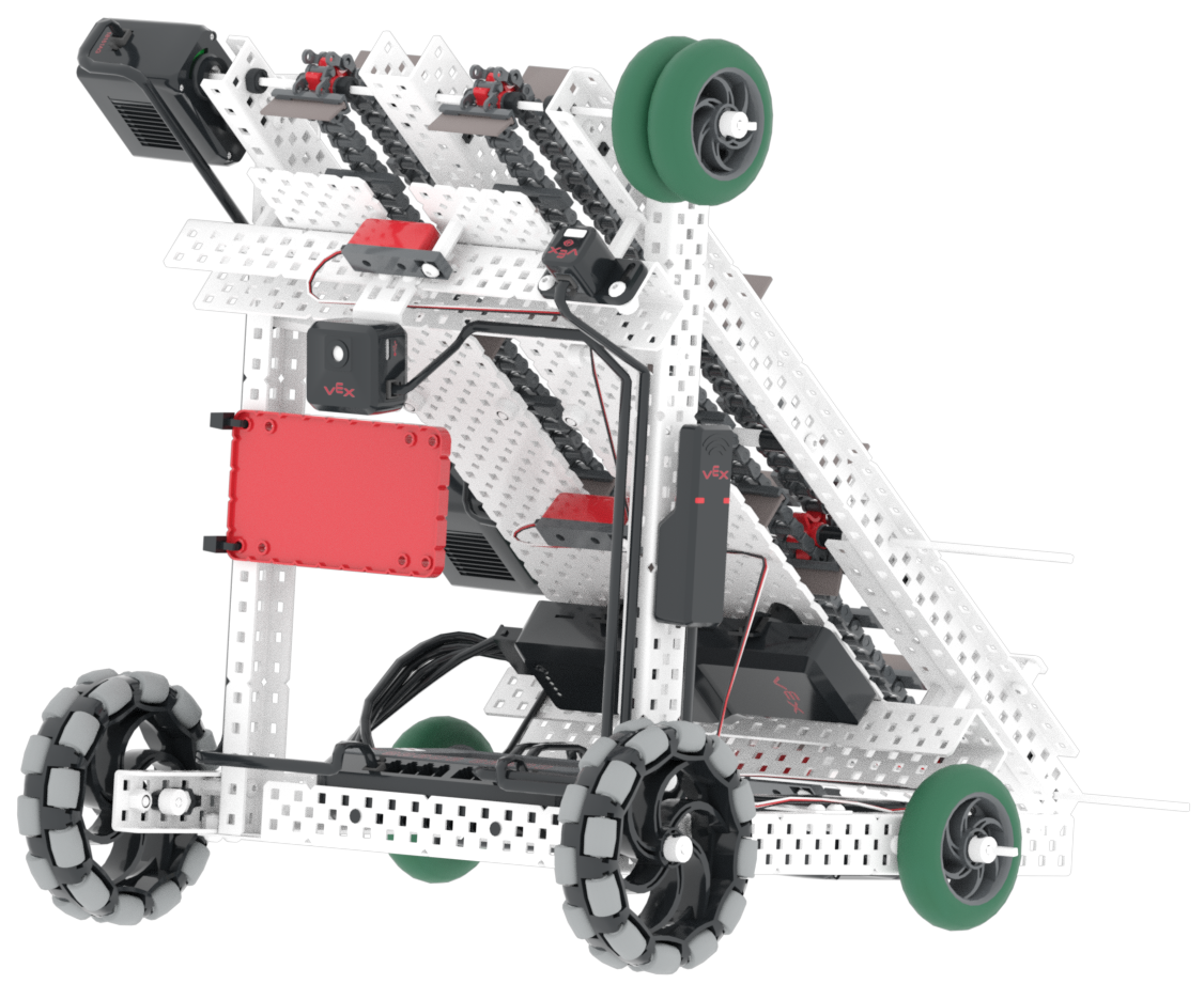 Achteraanzicht links van een VEX Robotics-wedstrijdrobot, met het disco-hoekontwerp en de structurele kenmerken die relevant zijn voor de beschrijving van de V5-categorie.