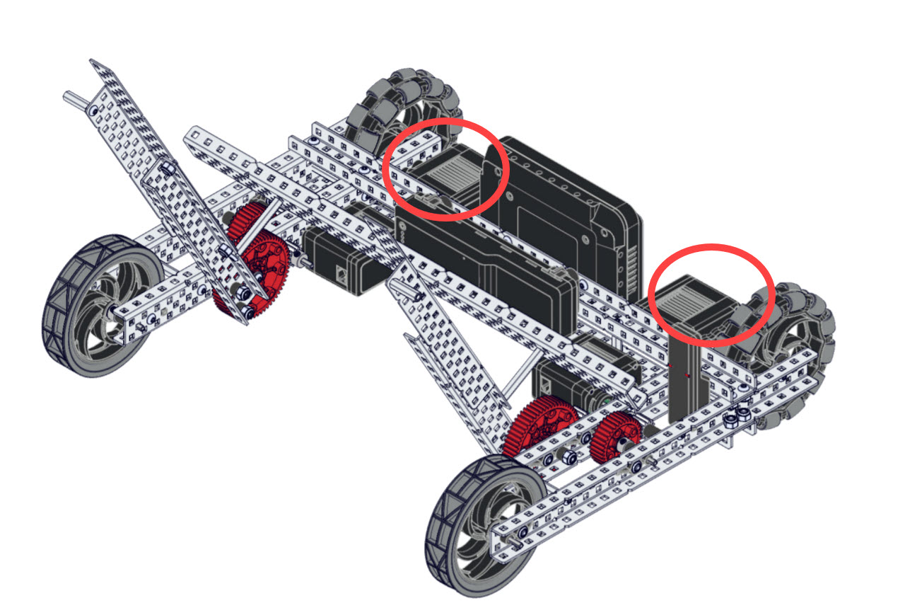 Afbeelding van een V5-wedstrijdrobot met het ontwerp en de onderdelen, waarbij kenmerken die relevant zijn voor roboticawedstrijden worden benadrukt.