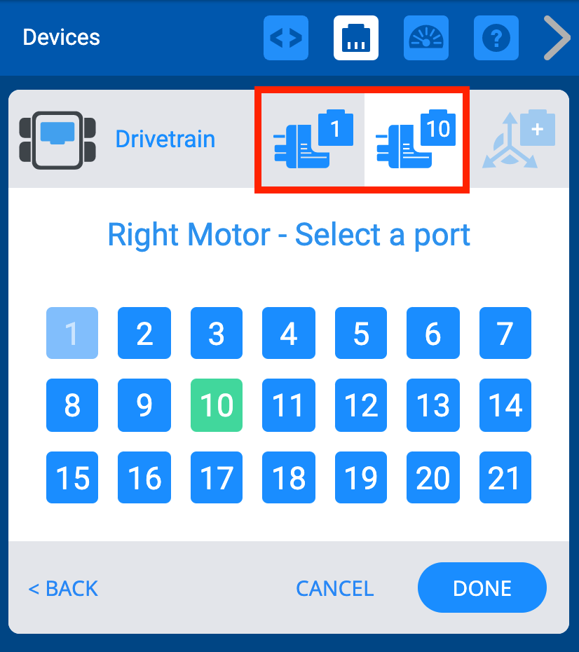 Screenshot van een wedstrijdrobotontwerpinterface van VEX V5, waarin de verschillende componenten en configuraties worden getoond die beschikbaar zijn voor het bouwen van robots. De gebruiksvriendelijke lay-out en de opties voor aanpassing worden benadrukt.